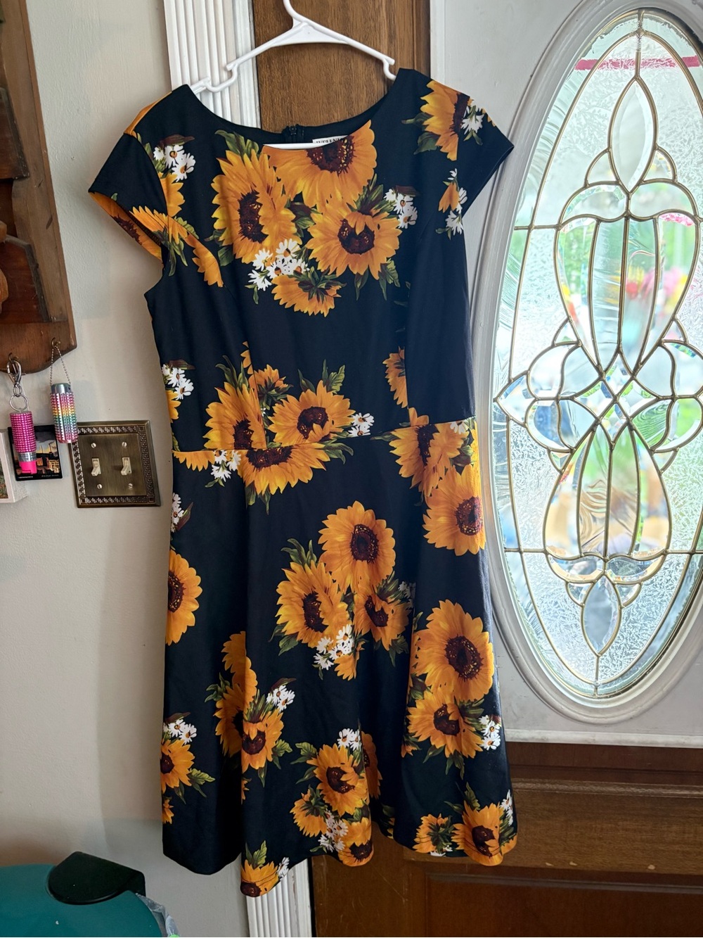 Sunflower Print Black Midi Dress